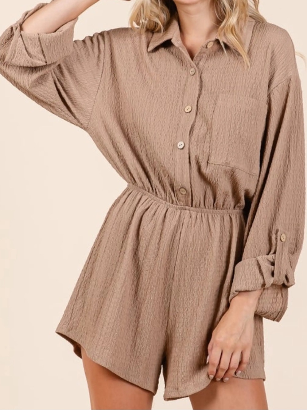 Light Taupe Button-Front Romper with Elastic Waist
